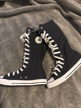 Converse Black High-Top Lace-Up Canvas Knee Boots with White Trim NWOT